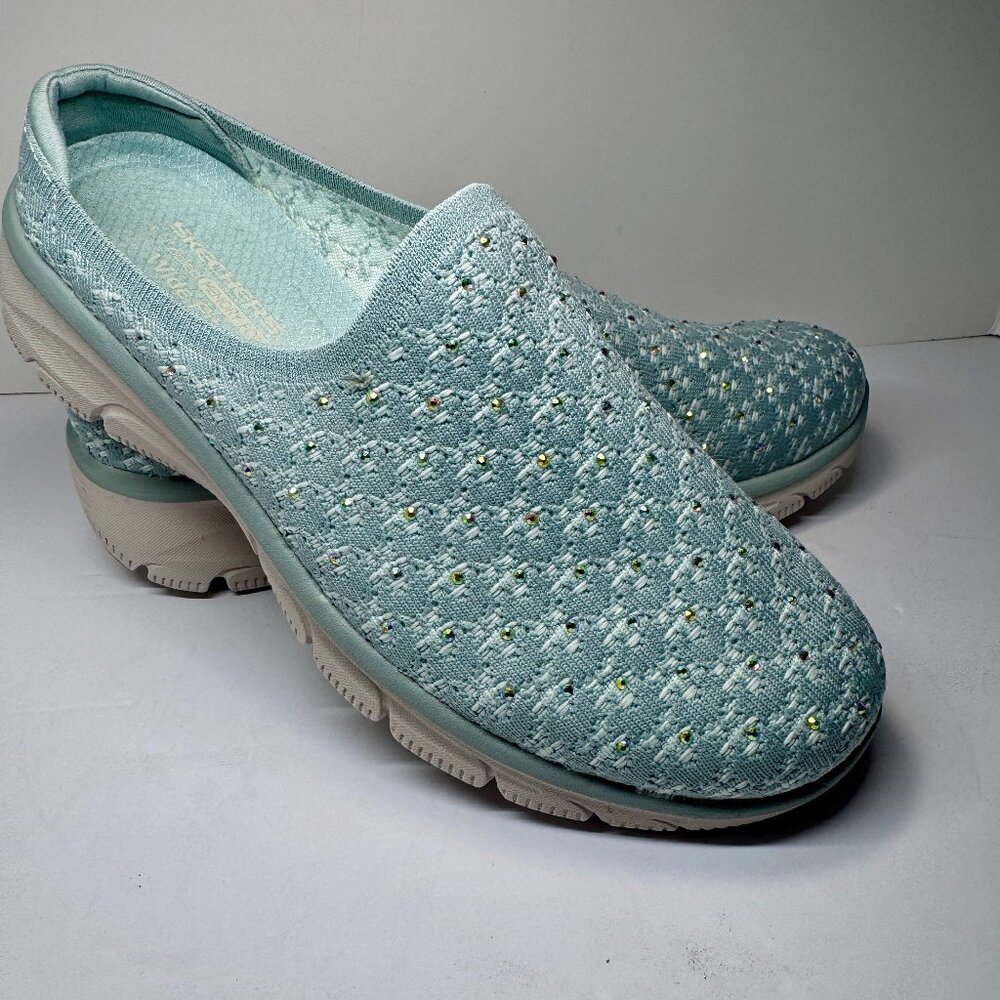 8.5 Wide Fit Skechers Women's Easy Going Rhinestone Knit Mules Glitz Strut Sage - Picture 3 of 16
